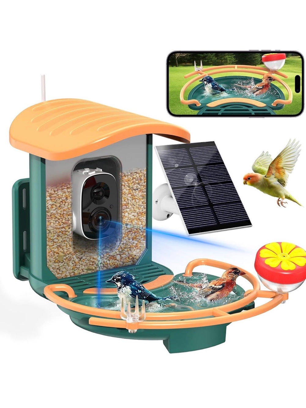 Solar-Powered Bird Bath & Feeder with Camera - Orange/Green-never used